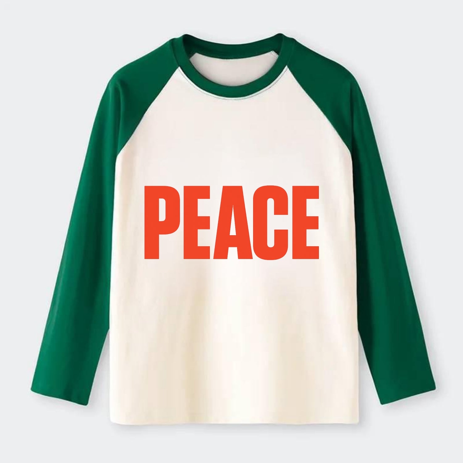 Bold typography design - "PEACE" - inner calm, tranquility, serenity - Raglan Long Sleeve T-Shirt - Green