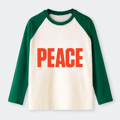 Bold typography design - "PEACE" - inner calm, tranquility, serenity - Raglan Long Sleeve T-Shirt - Green