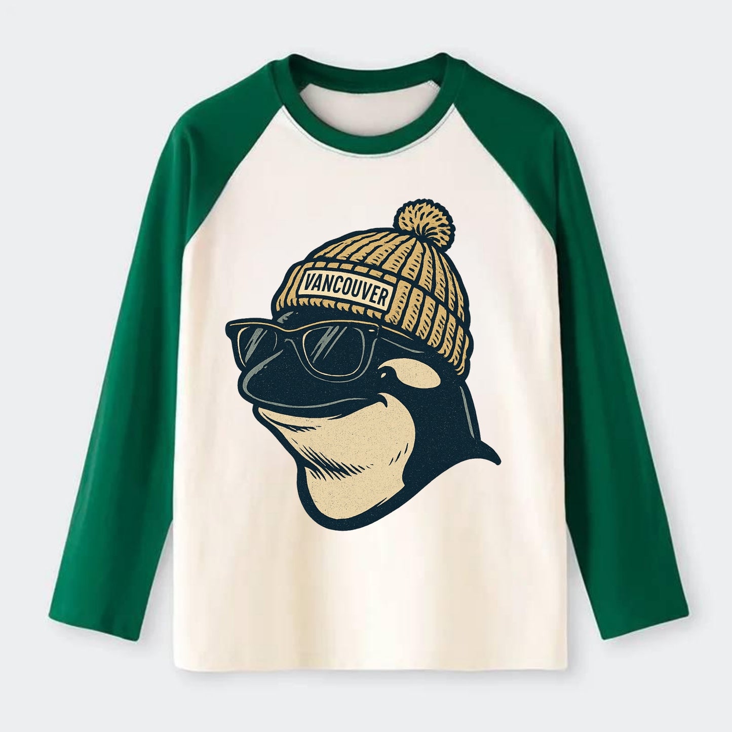 Vancouver Orca wearing Vancouver beanie - Raglan Long Sleeve T-Shirt - Green