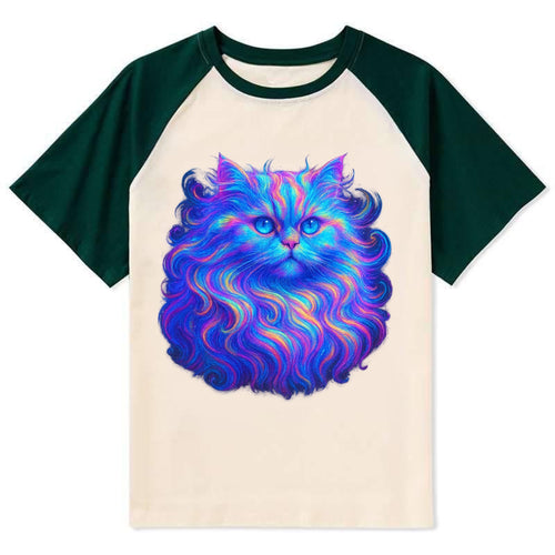 Luxurious Persian cat with flowing fur that refracts into rainbow prisms, - Contrast Raglan T-shirt