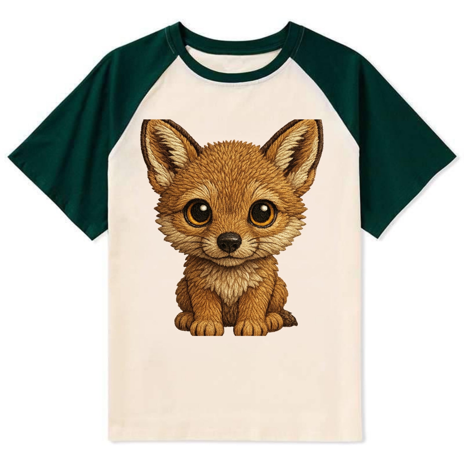 Baby Coyote Pup - tan fur, large ears, golden eyes, front-facing, clever - Contrast Raglan T-shirt - Green
