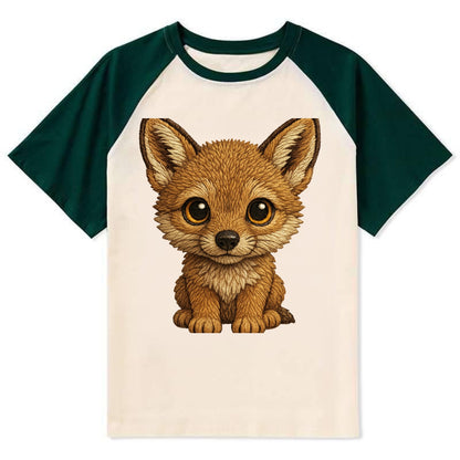 Baby Coyote Pup - tan fur, large ears, golden eyes, front-facing, clever - Contrast Raglan T-shirt - Green