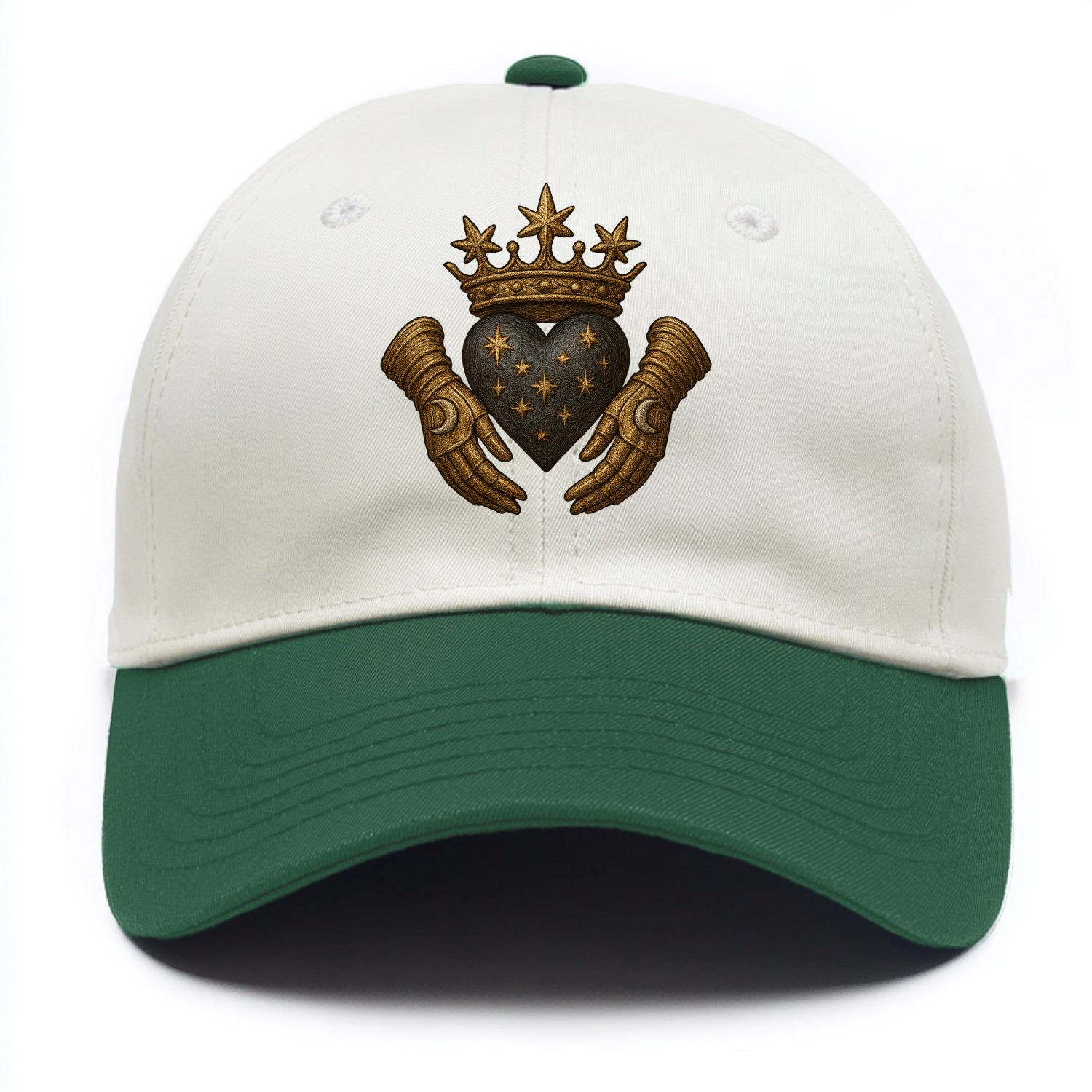 Ice crystal crown framing a frosted heart with fur-trimmed winter hands embracing it. - Two Tone Cap - Green