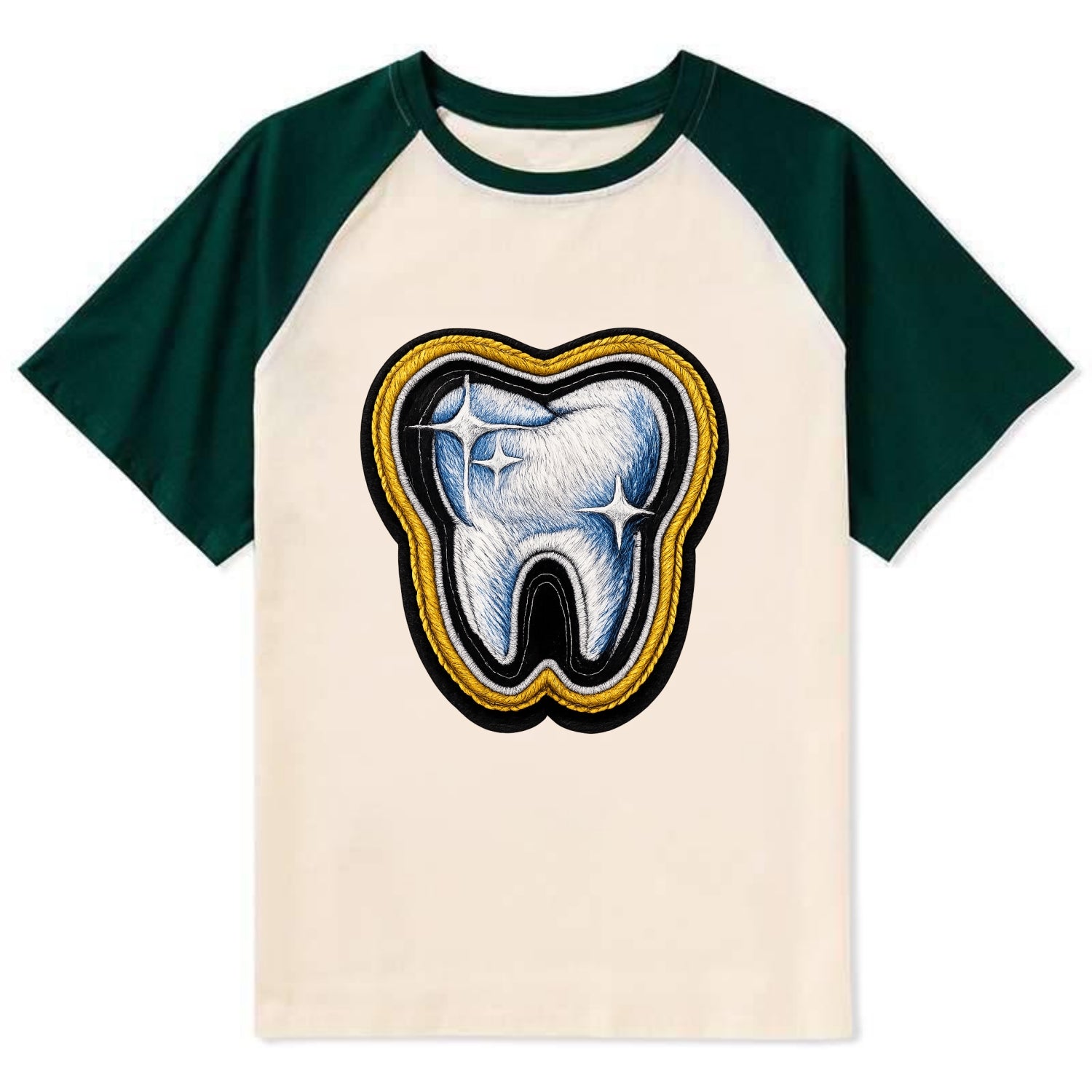 DENTAL TOOTH - molar with sparkle in white and blue , dentist - Contrast Raglan T-shirt - Green
