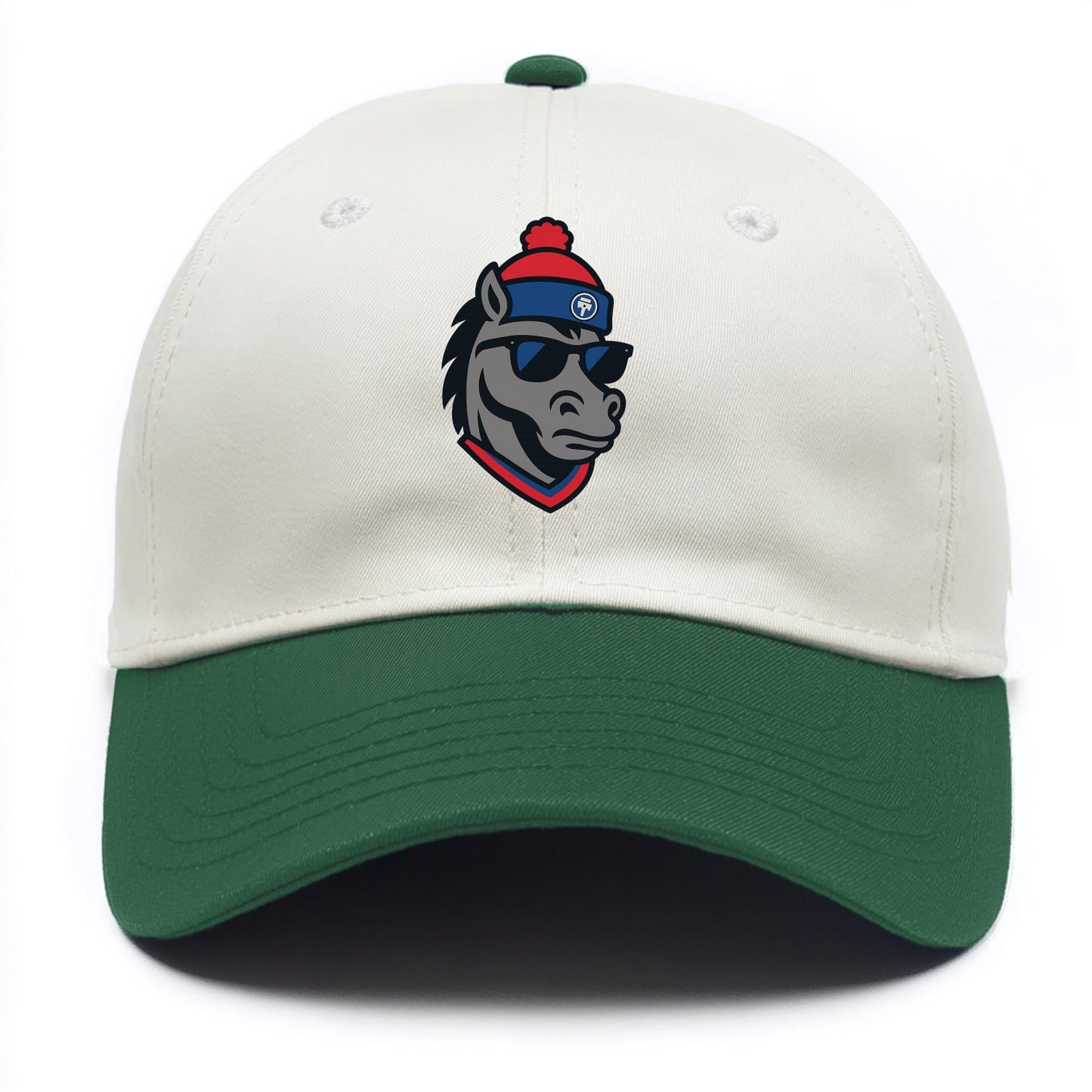 Detroit Stallion wearing Pistons red and blue beanie with piston patch and wayfarer - Two Tone Cap - Green