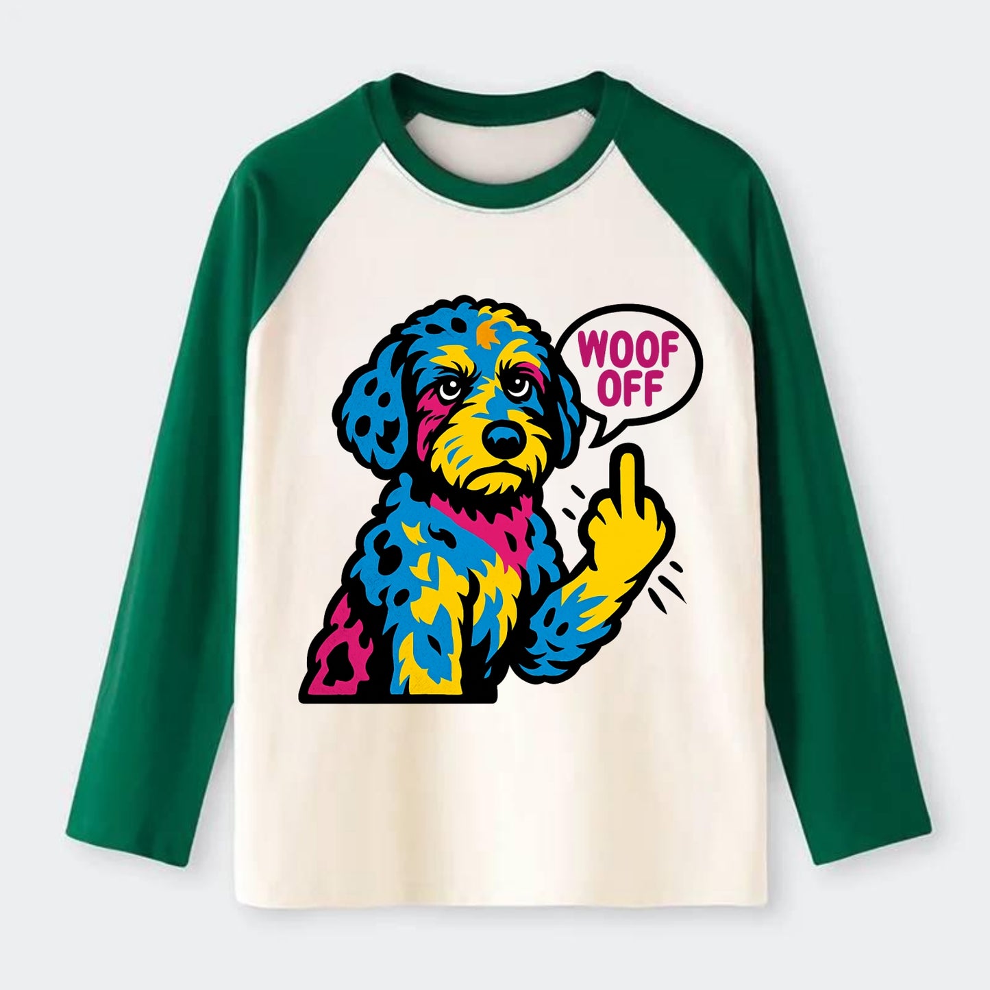 Aussiedoodle with merle patches and curly coat, playful smart paw - Raglan Long Sleeve T-Shirt - Green