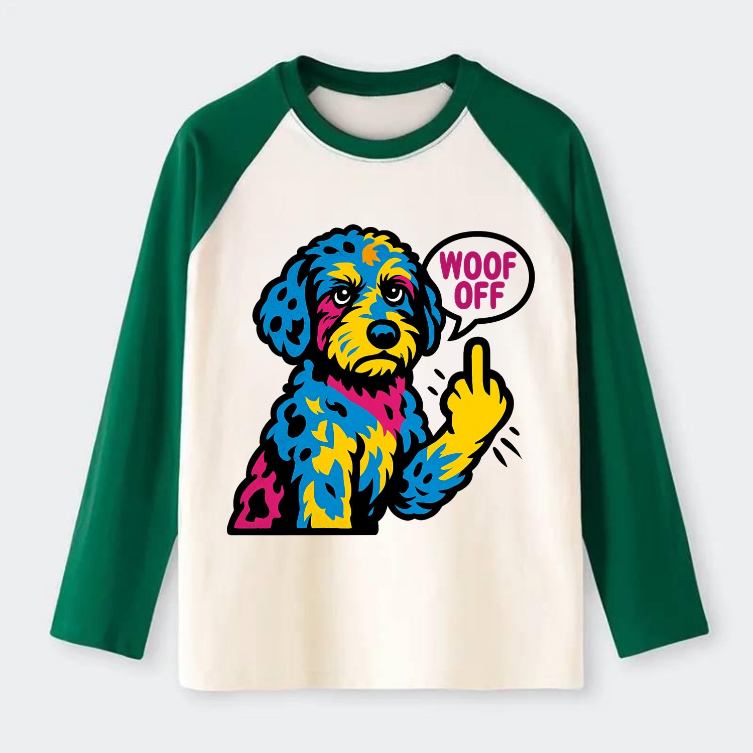 Aussiedoodle with merle patches and curly coat, playful smart paw - Raglan Long Sleeve T-Shirt - Green