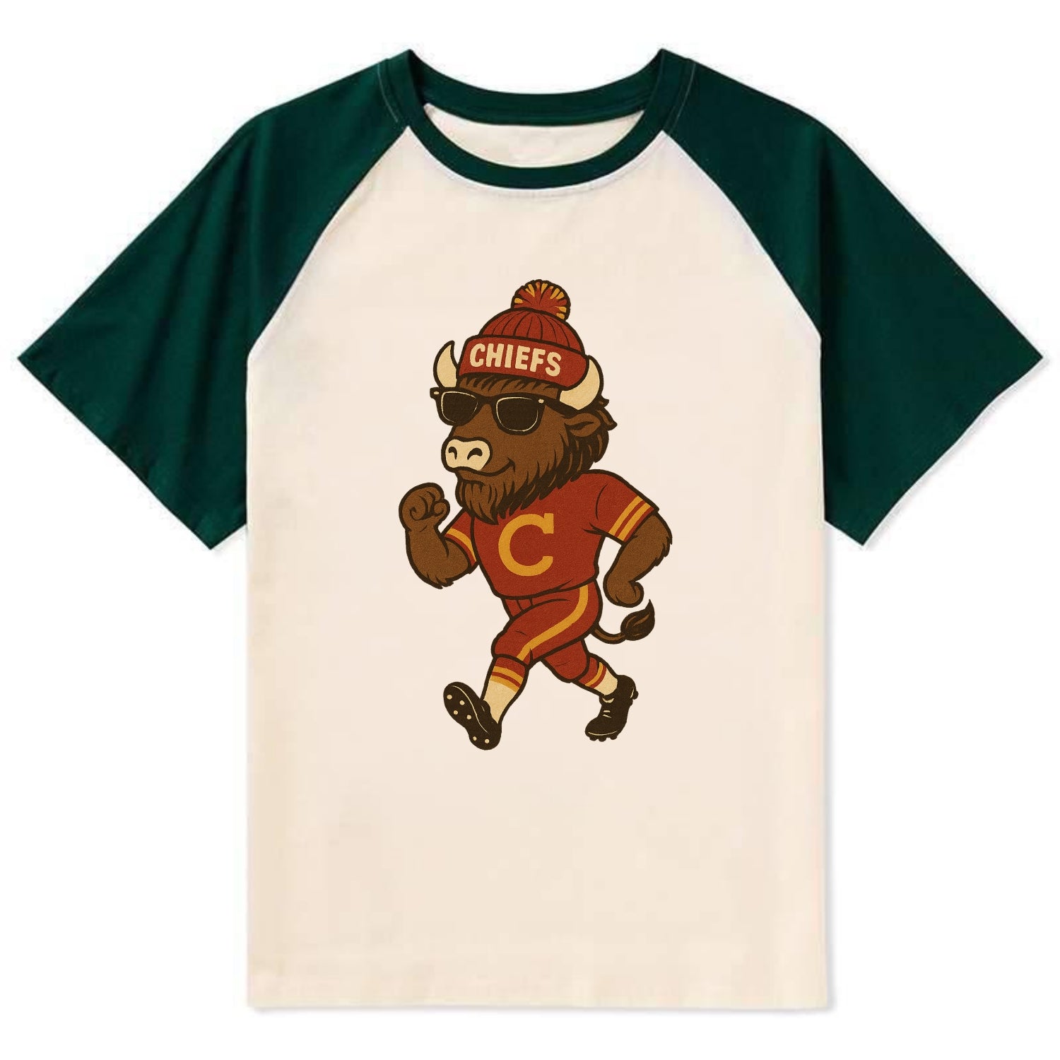 KC Bison wearing Chiefs beanie with arrowhead patch and wayfarer - Contrast Raglan T-shirt - Green
