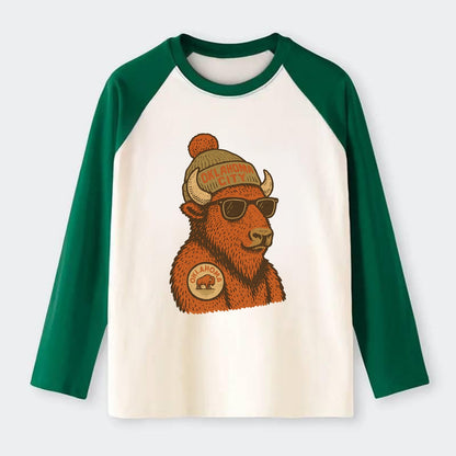 Oklahoma Buffalo wearing Oklahoma City beanie with pom pom and - Raglan Long Sleeve T-Shirt - Green