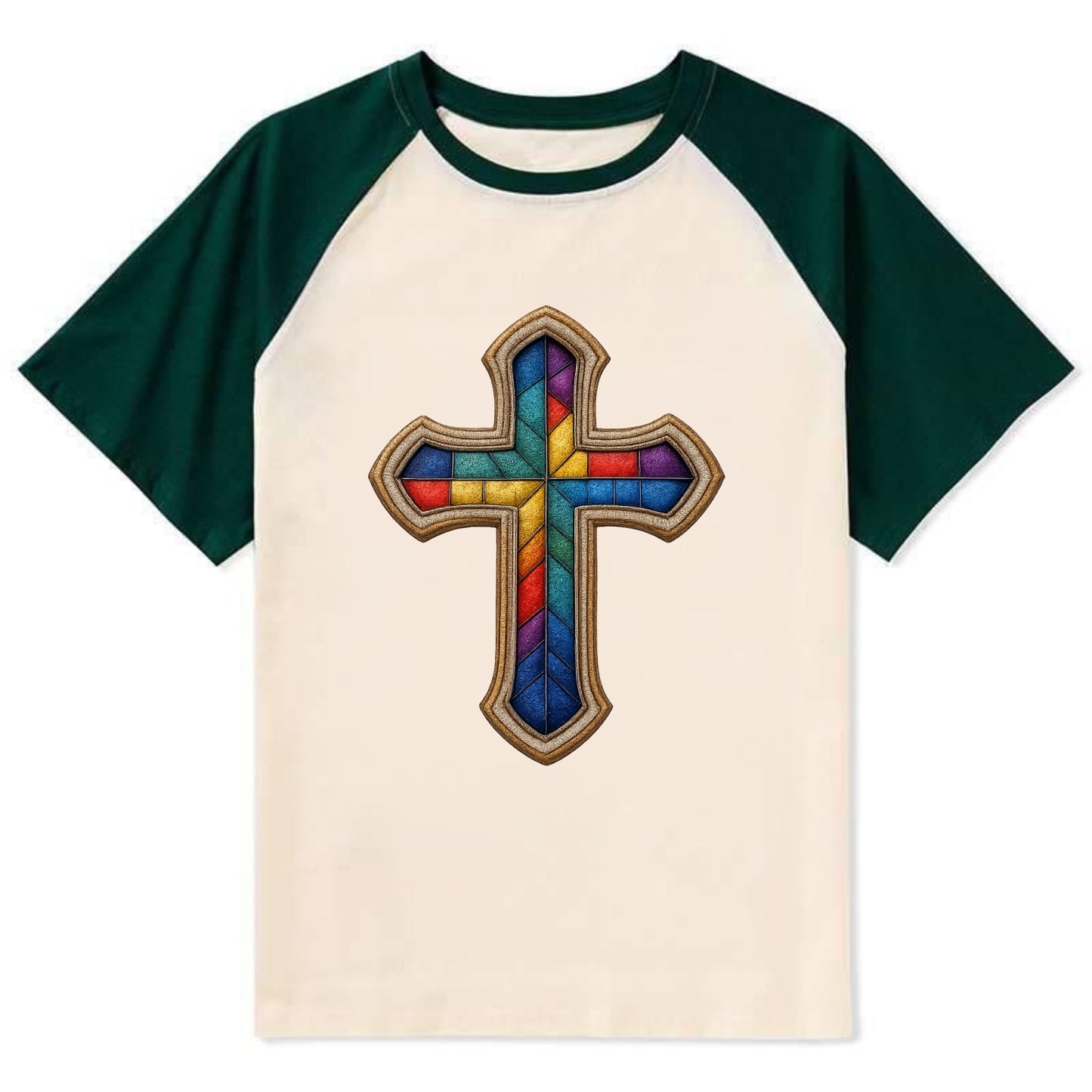 Stained Glass Cross  - Contrast Raglan T-shirt - Green