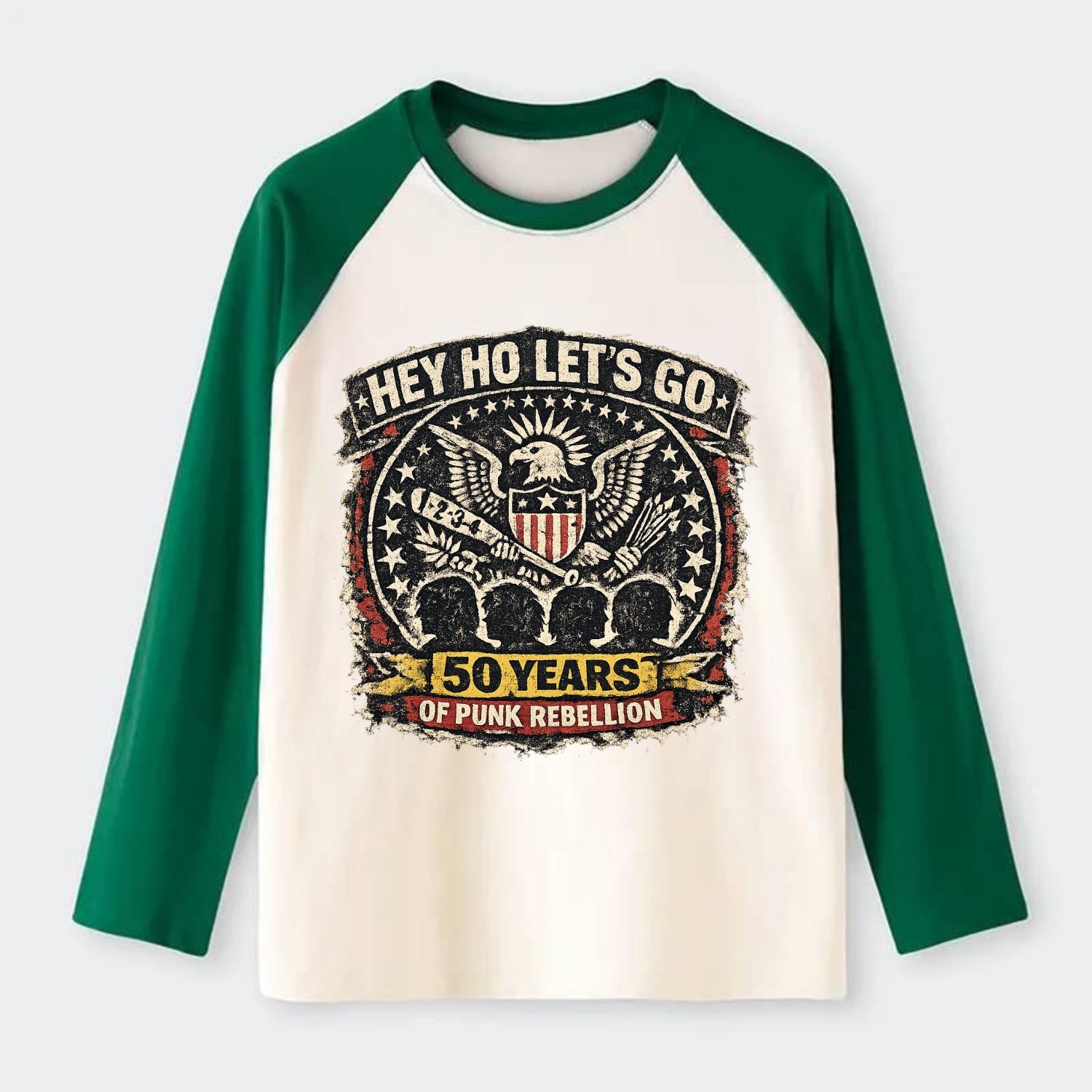 RAMONES LEGACY | Hey Ho Let's Go typography | Presidential seal parody - Raglan Long Sleeve T-Shirt - Green