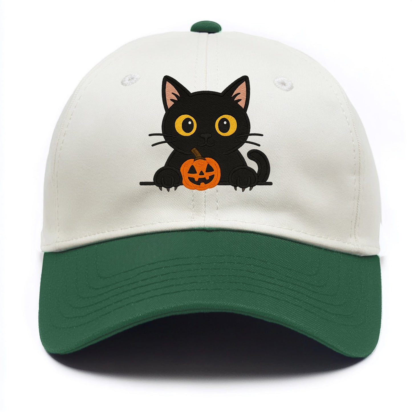 Midnight the black cat wearing round spectacles while studying the viewer. - Two Tone Cap - Green
