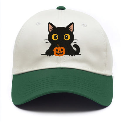 Midnight the black cat wearing round spectacles while studying the viewer. - Two Tone Cap - Green