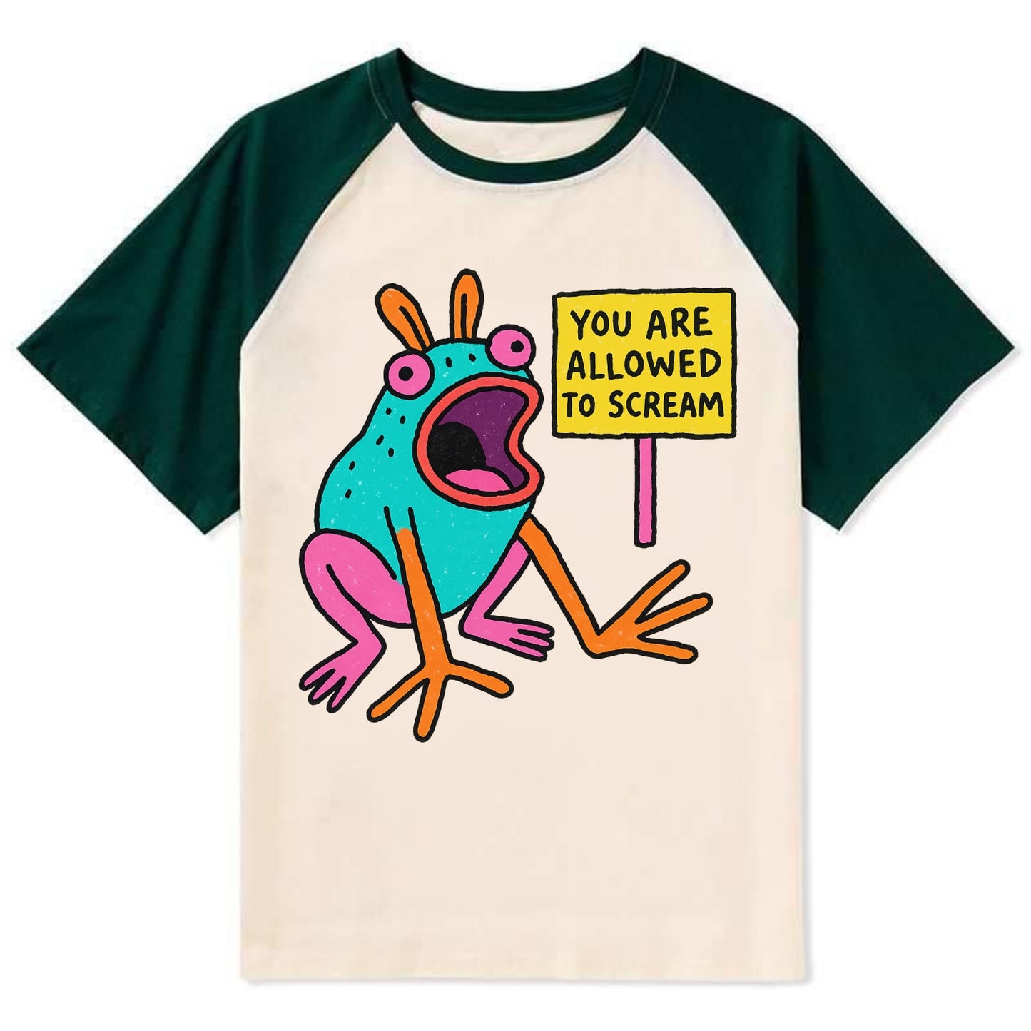YOU ARE ALLOWED TO SCREAM | Open-mouthed frog - Contrast Raglan T-shirt - Green