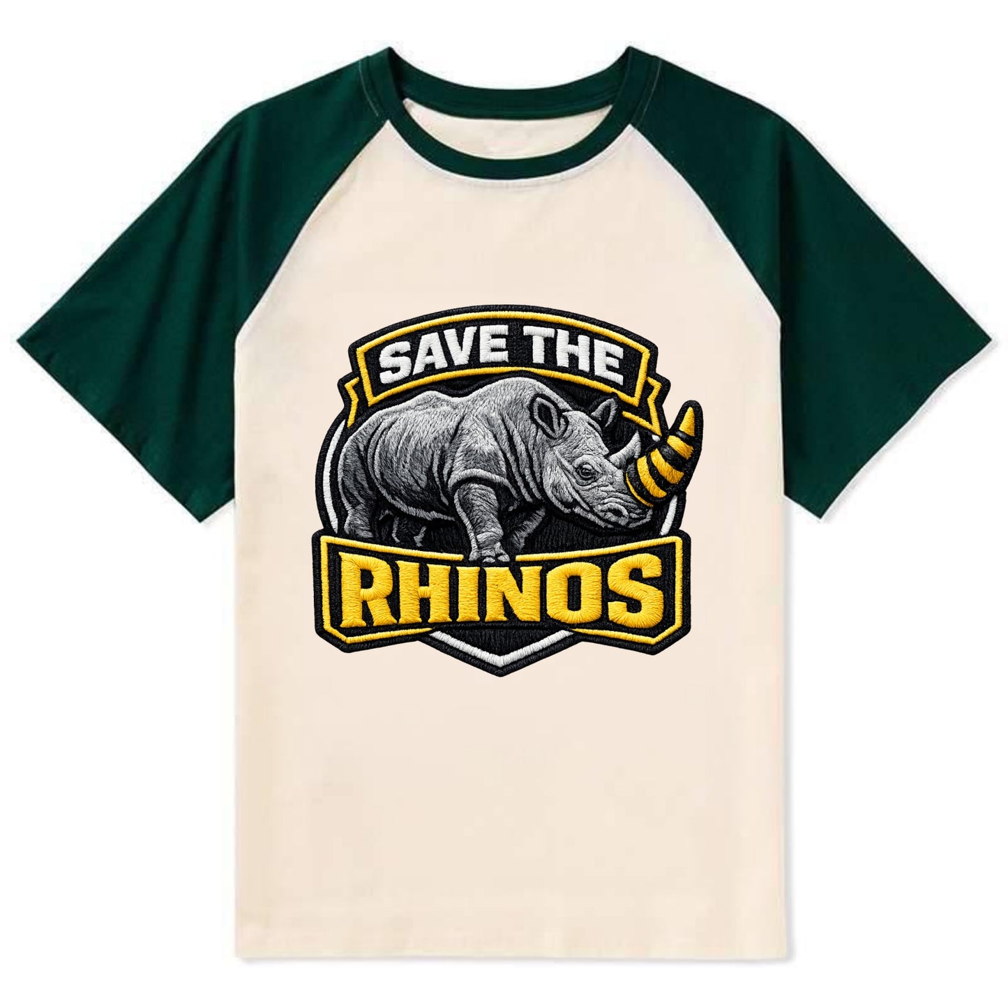 SAVE THE RHINOS - rhino silhouette in gray , horn protection - Contrast Raglan T-shirt - Green