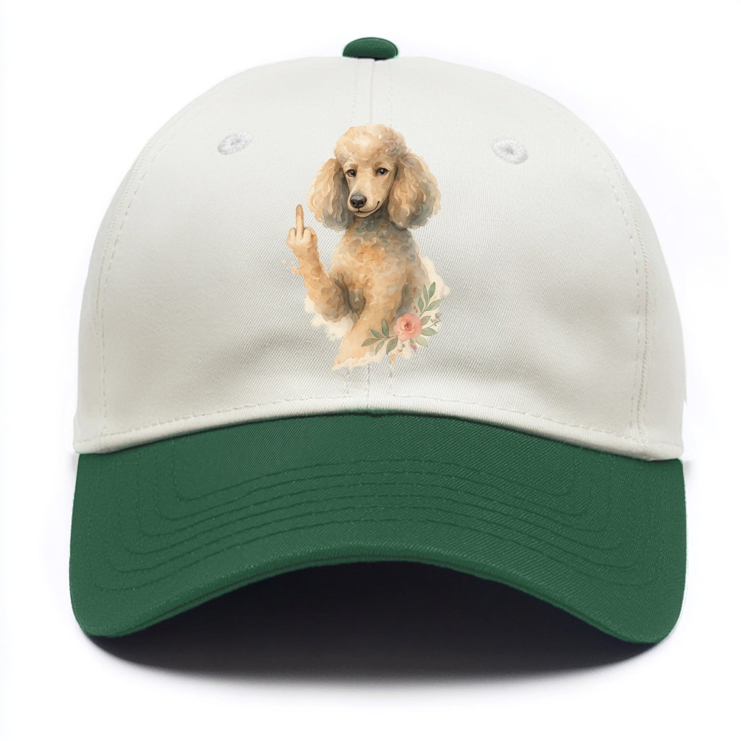 Standard Poodle with curly styled coat, intelligent face, fancy paw giving finger - Two Tone Cap - Green