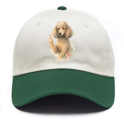 Standard Poodle with curly styled coat, intelligent face, fancy paw giving finger - Two Tone Cap - Green