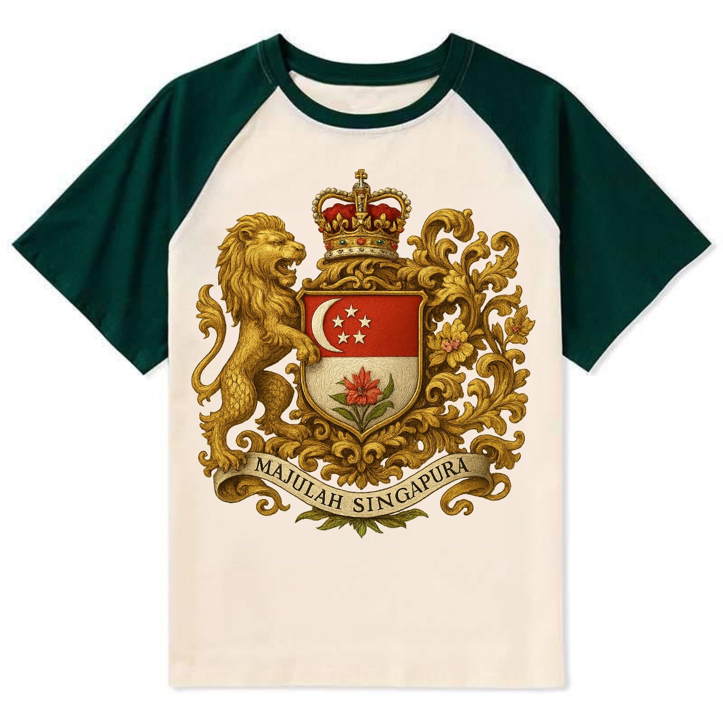 Singapore Merlion Emblem - Contrast Raglan T-shirt - Green