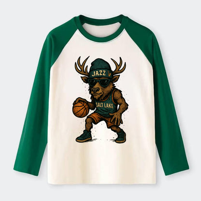 Salt Lake Elk wearing Jazz beanie with saxophone patch and wayfarer - Raglan Long Sleeve T-Shirt - Green