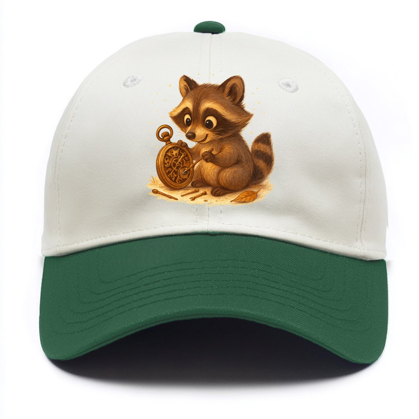 Raccoon tinkering with a steampunk pocket watch using tiny brass tools - Two Tone Cap - Green