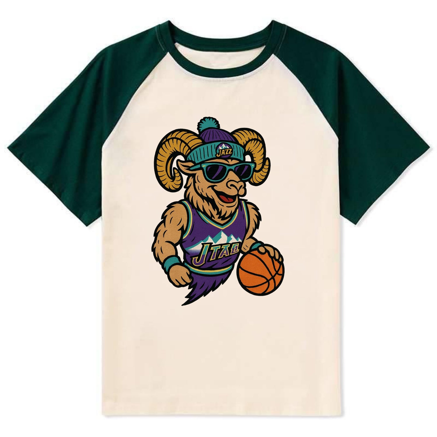 Utah Bighorn wearing Jazz beanie with mountain melody patch and wayfarer - Contrast Raglan T-shirt - Green