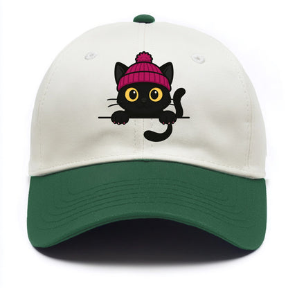 Midnight the black cat holding a tiny book labeled secrets against the ledge. - Two Tone Cap - Green