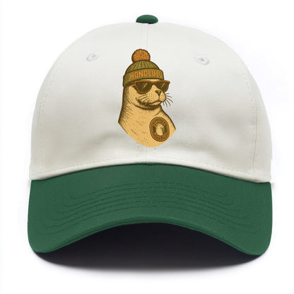 Hawaii Monk Seal wearing Honolulu beanie with pom pom and wayfarer sunglasses - Two Tone Cap - Green