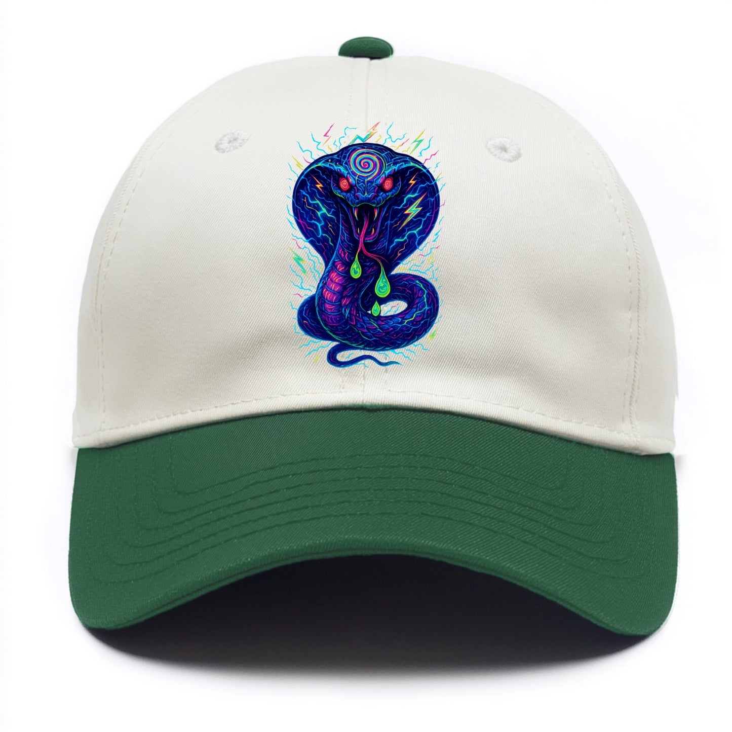 Mesmerizing cobra with hypnotic spiral patterns in the hood, scales that shimmer - Two Tone Cap - Green
