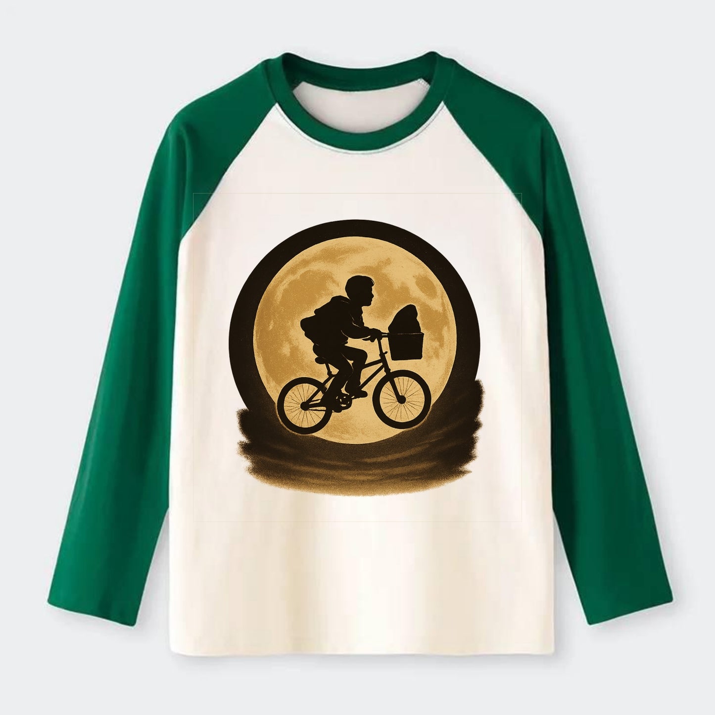 boy with bicycle flying across full moon with silhouette - Raglan Long Sleeve T-Shirt - Green