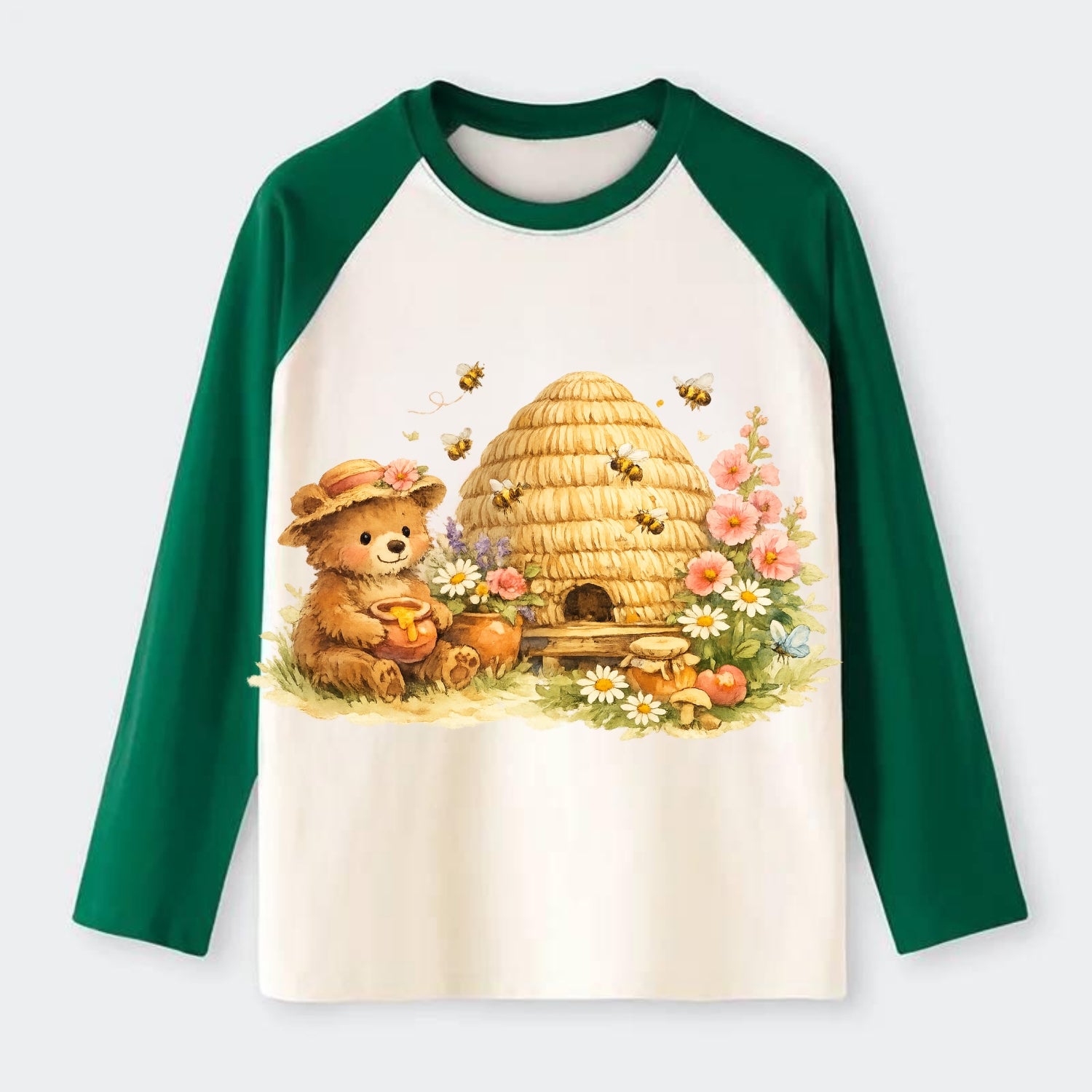 SKEP HIVE | Traditional straw beehive | Cottage garden setting | - Raglan Long Sleeve T-Shirt - Green