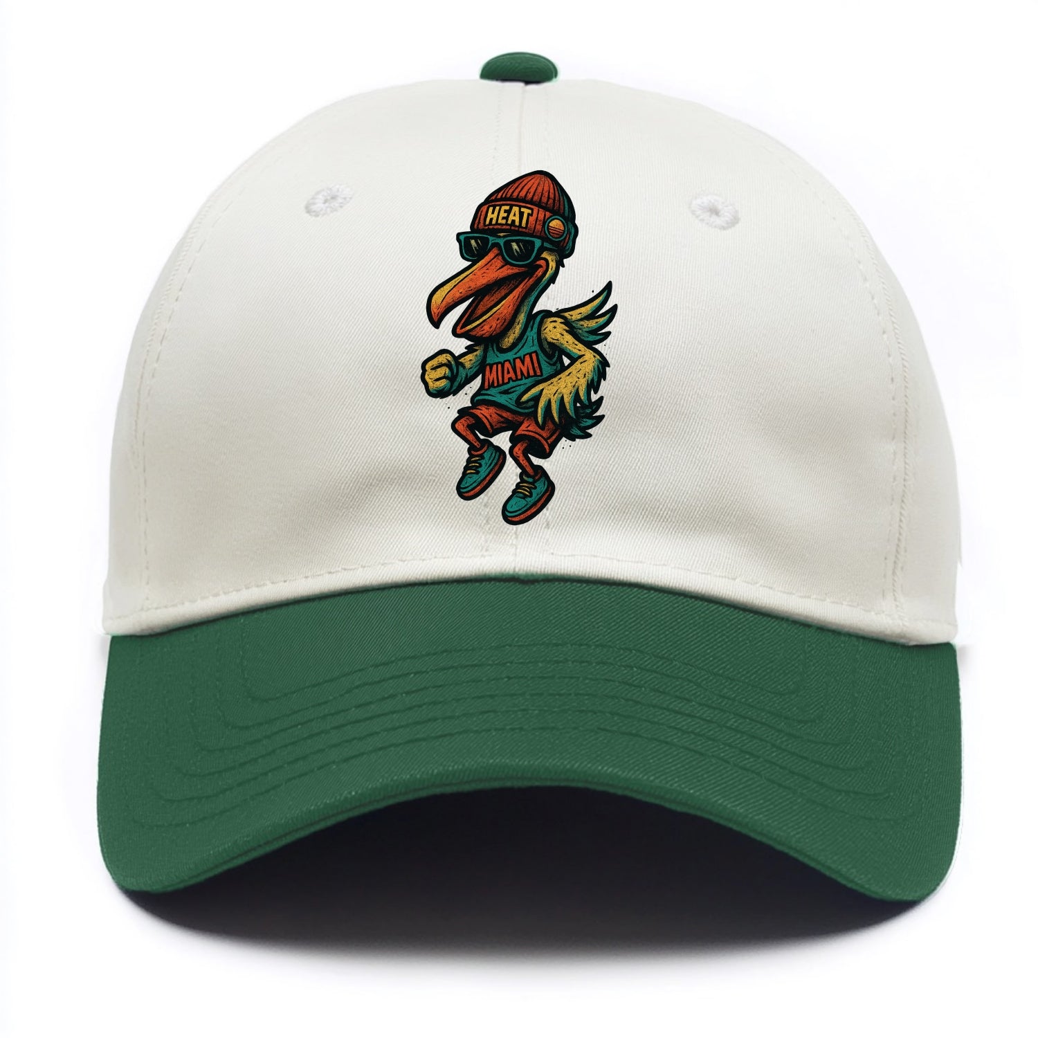 Miami Pelican wearing Heat beanie with sunset patch and wayfarer sunglasses - Two Tone Cap - Green