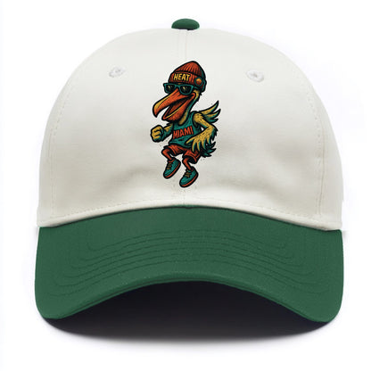 Miami Pelican wearing Heat beanie with sunset patch and wayfarer sunglasses - Two Tone Cap - Green