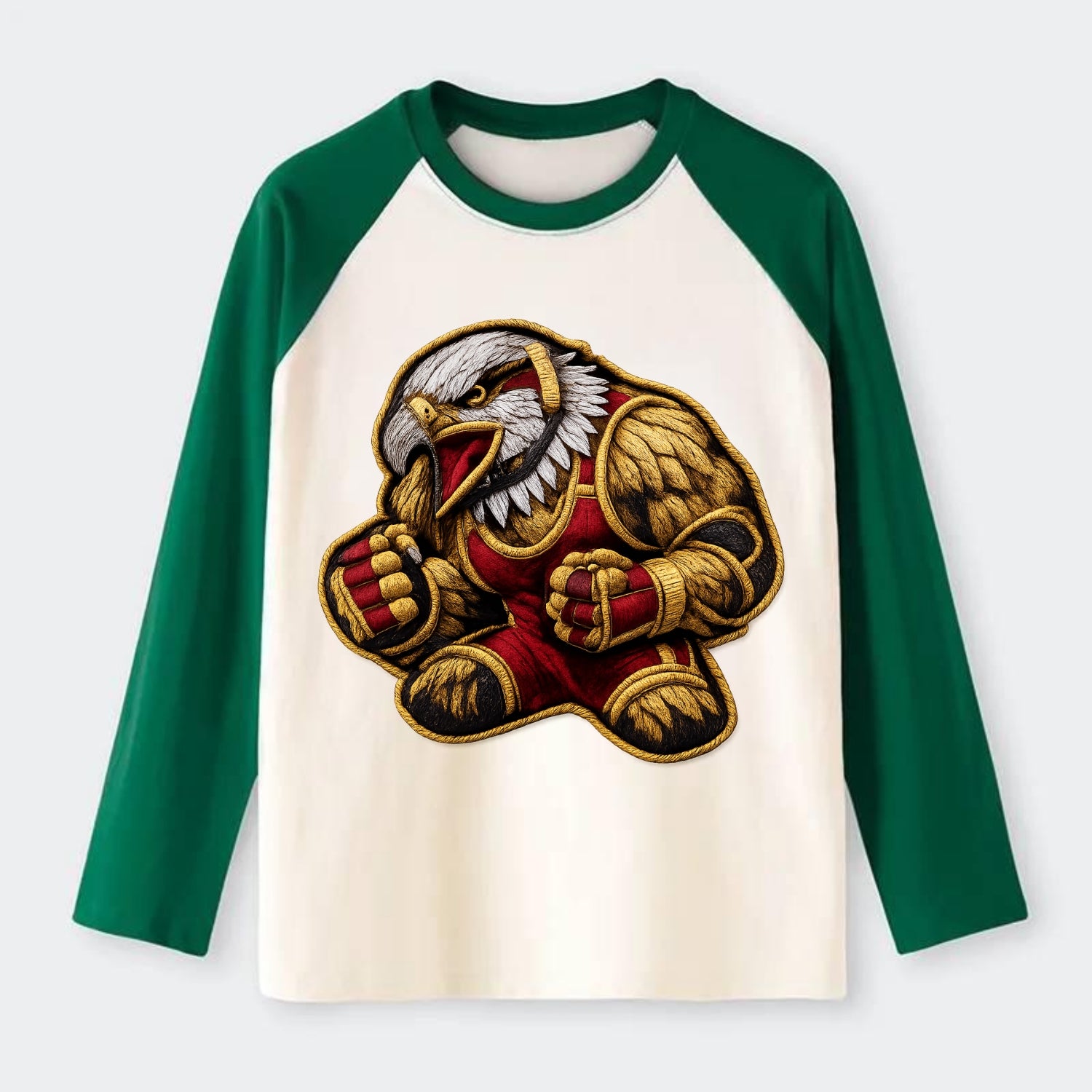 Embroidered patch design - WRESTLING EAGLE - fierce eagle with - Raglan Long Sleeve T-Shirt - Green