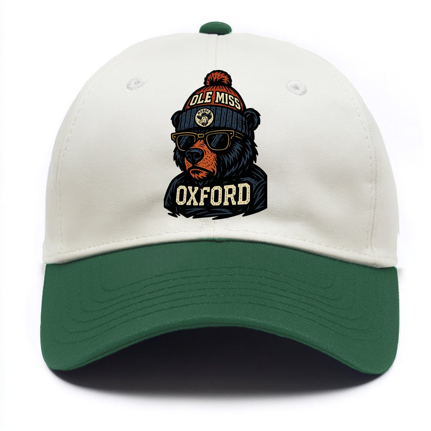 Oxford Black Bear wearing Ole Miss beanie with rebel patch - Two Tone Cap - Green