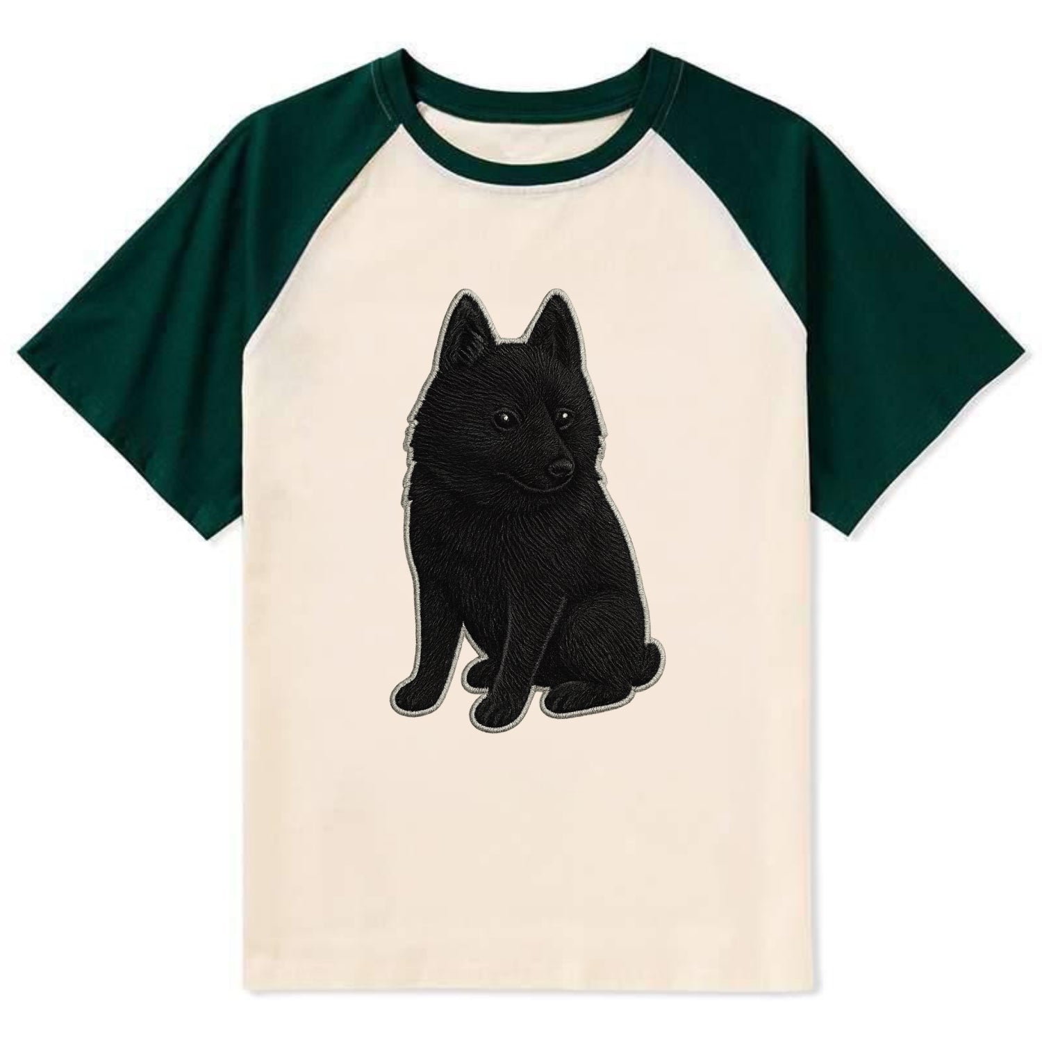 Schipperke - Solid black small embroidered sitting pose - Contrast Raglan T-shirt - Green