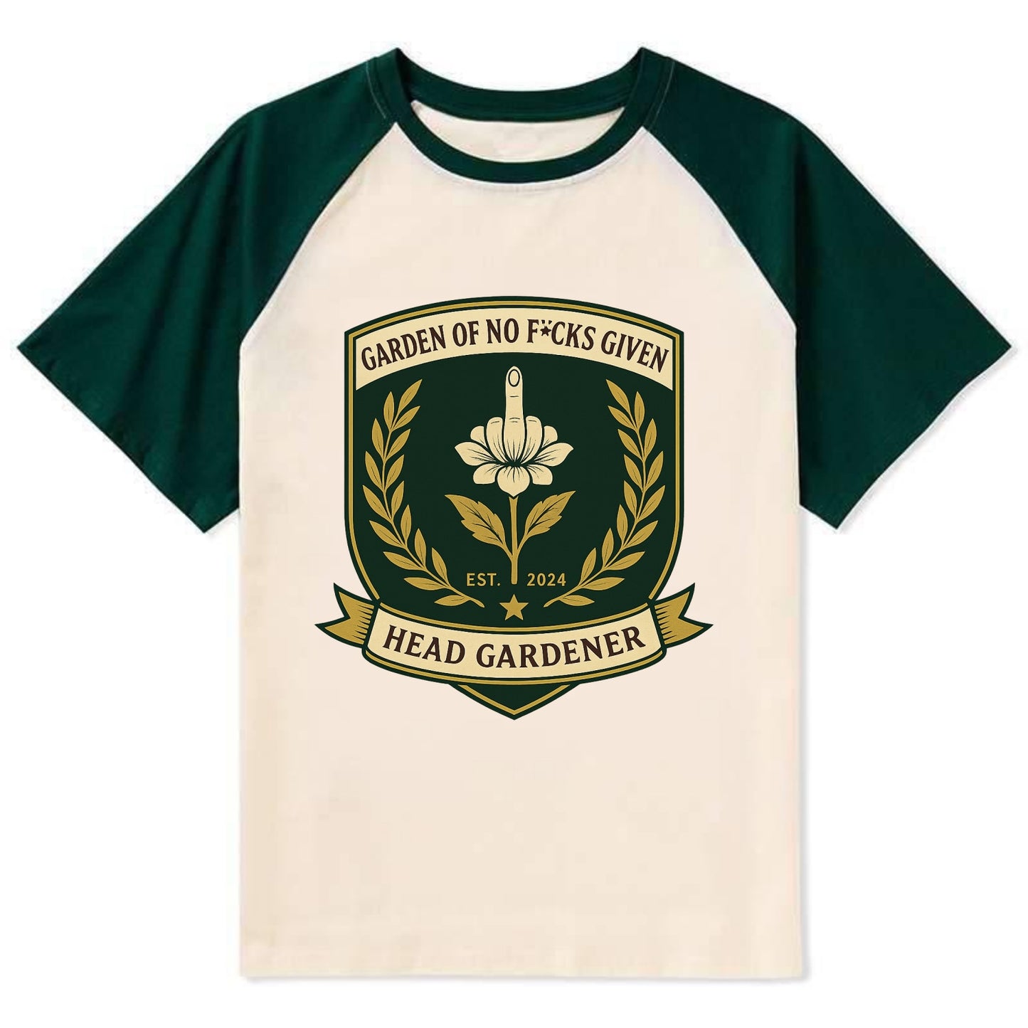 Shield with middle finger flower - "Garden of No F*cks Given - Head - Contrast Raglan T-shirt - Green