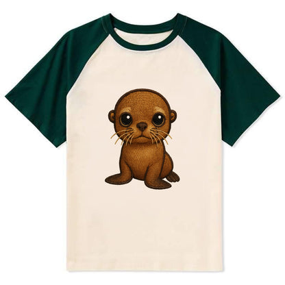 Baby California Sea Lion - golden brown, large expressive eyes, whiskers, - Contrast Raglan T-shirt - Green