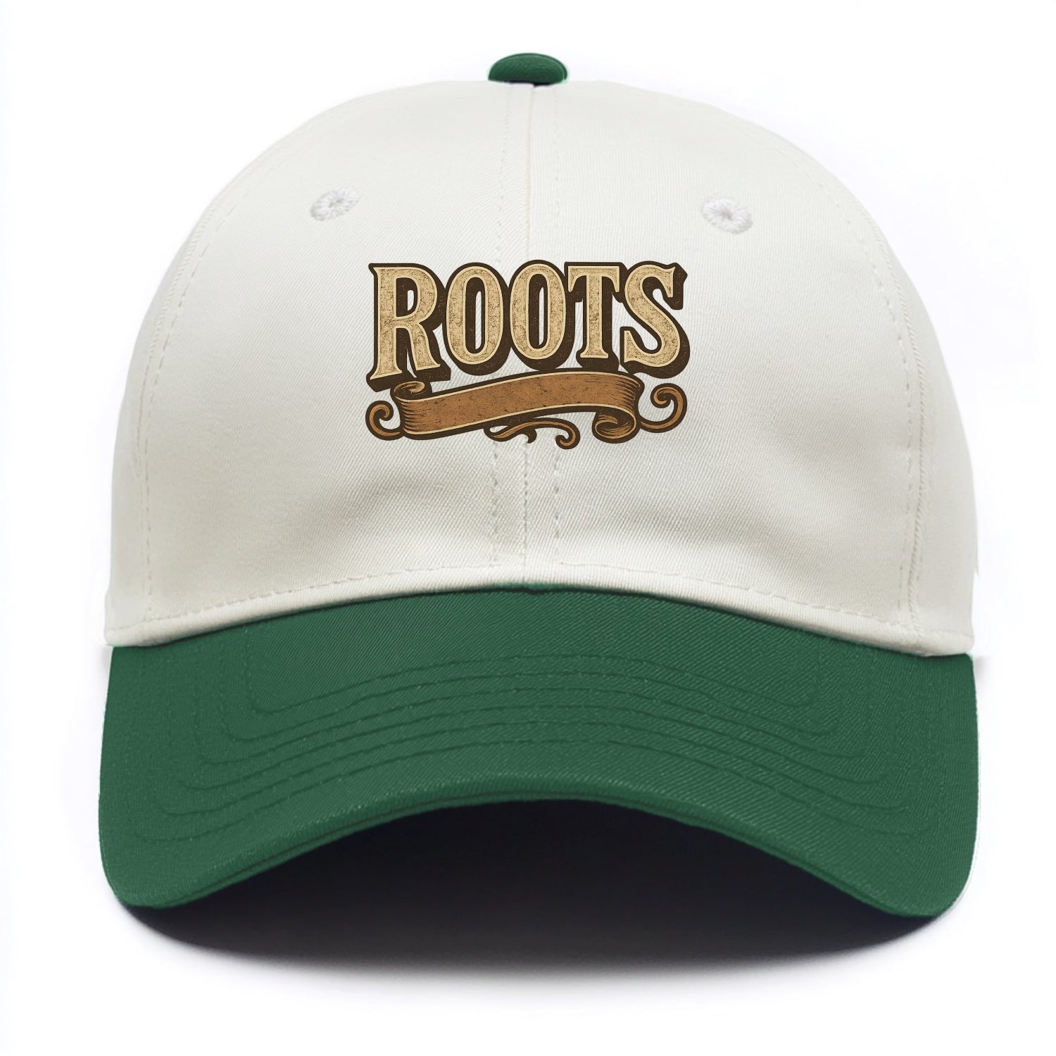 Bold typography design - "ROOTS" - where you come from, heritage - Two Tone Cap - Green