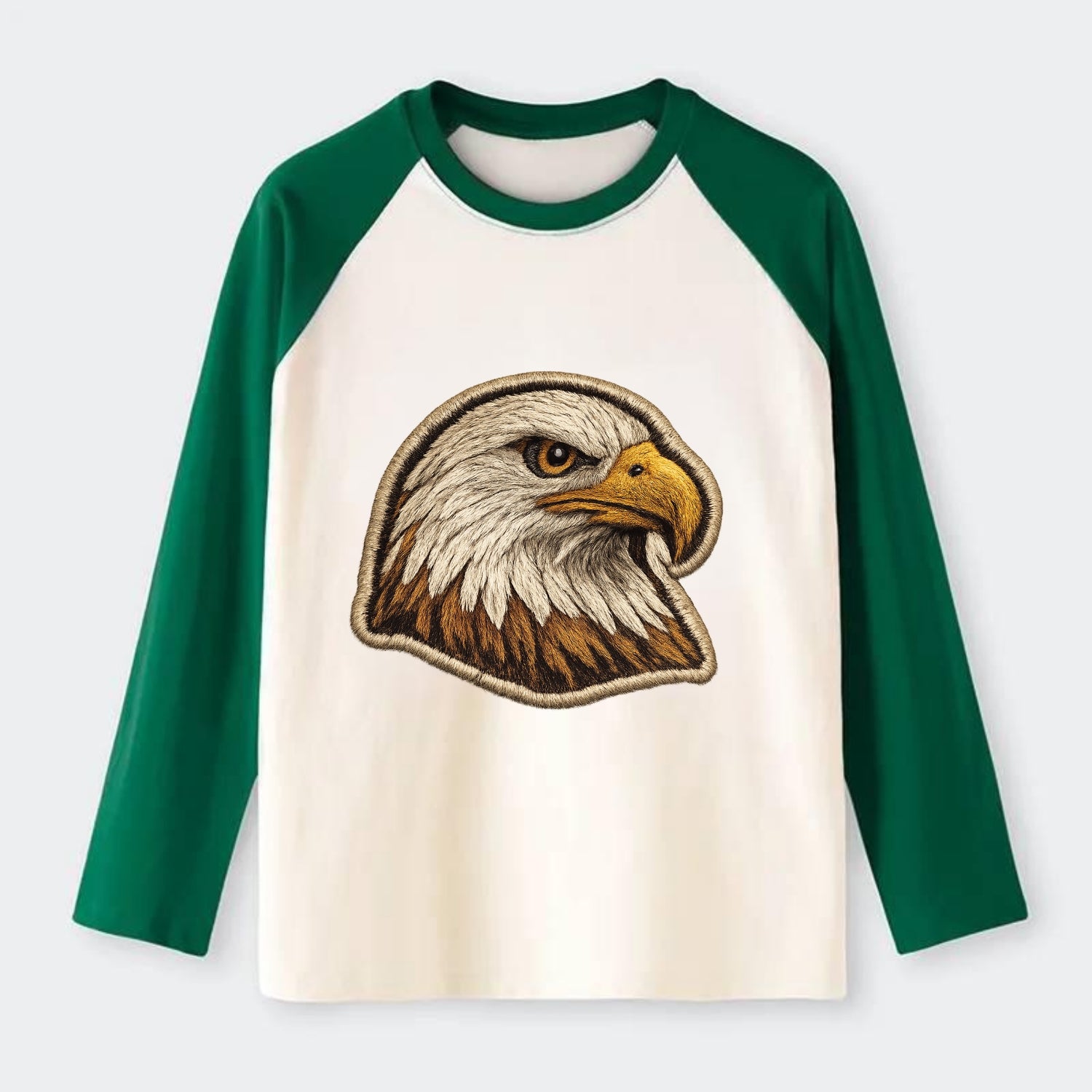 EAGLE HEAD PROFILE - majestic bald eagle in brown, white and gold , - Raglan Long Sleeve T-Shirt - Green