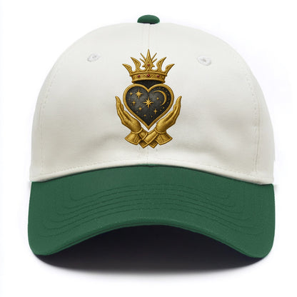 Hammered bronze warrior crown anchoring a dark steel heart with shield-bearing hands. - Two Tone Cap - Green