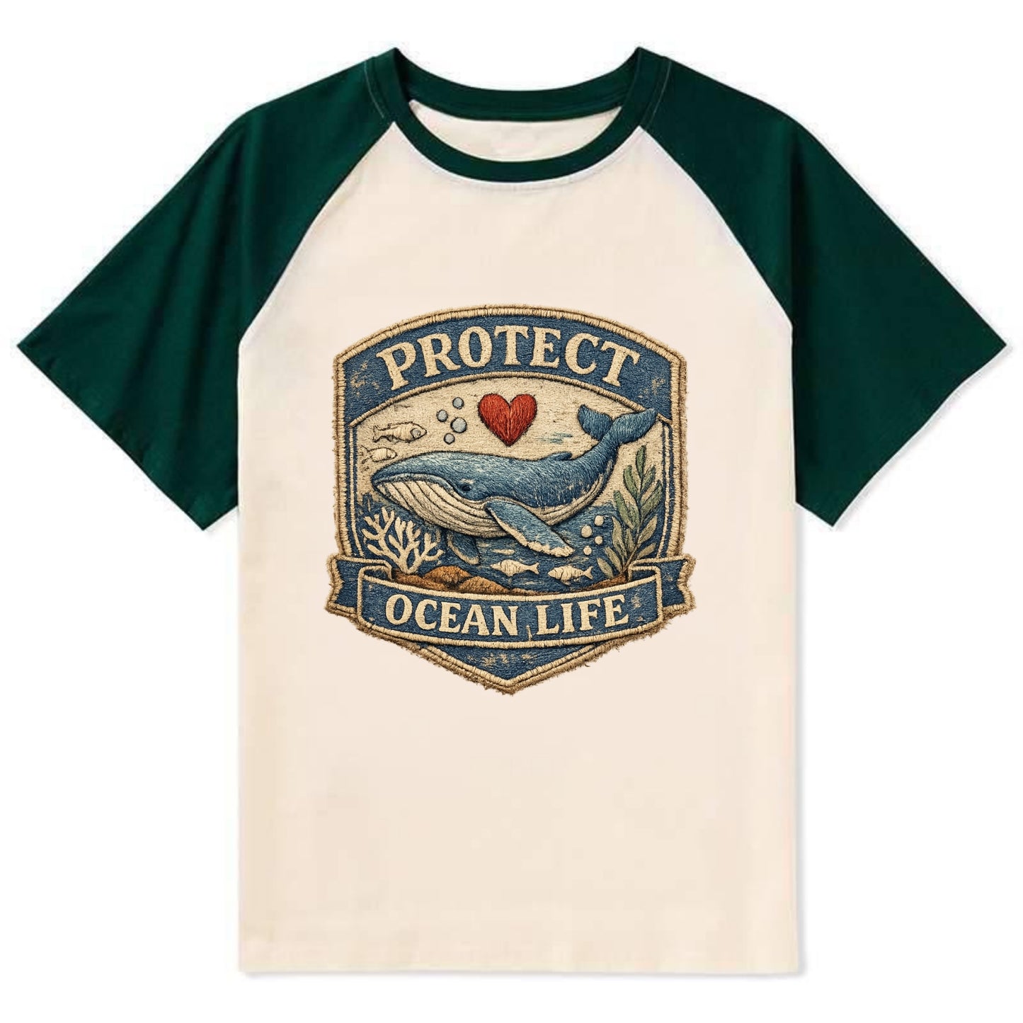 PROTECT OCEAN LIFE - whale with heart in blue , marine conservation - Contrast Raglan T-shirt - Green