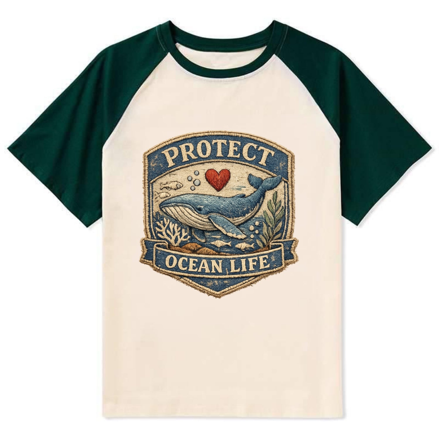 PROTECT OCEAN LIFE - whale with heart in blue , marine conservation - Contrast Raglan T-shirt - Green