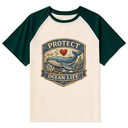 PROTECT OCEAN LIFE - whale with heart in blue , marine conservation - Contrast Raglan T-shirt - Green