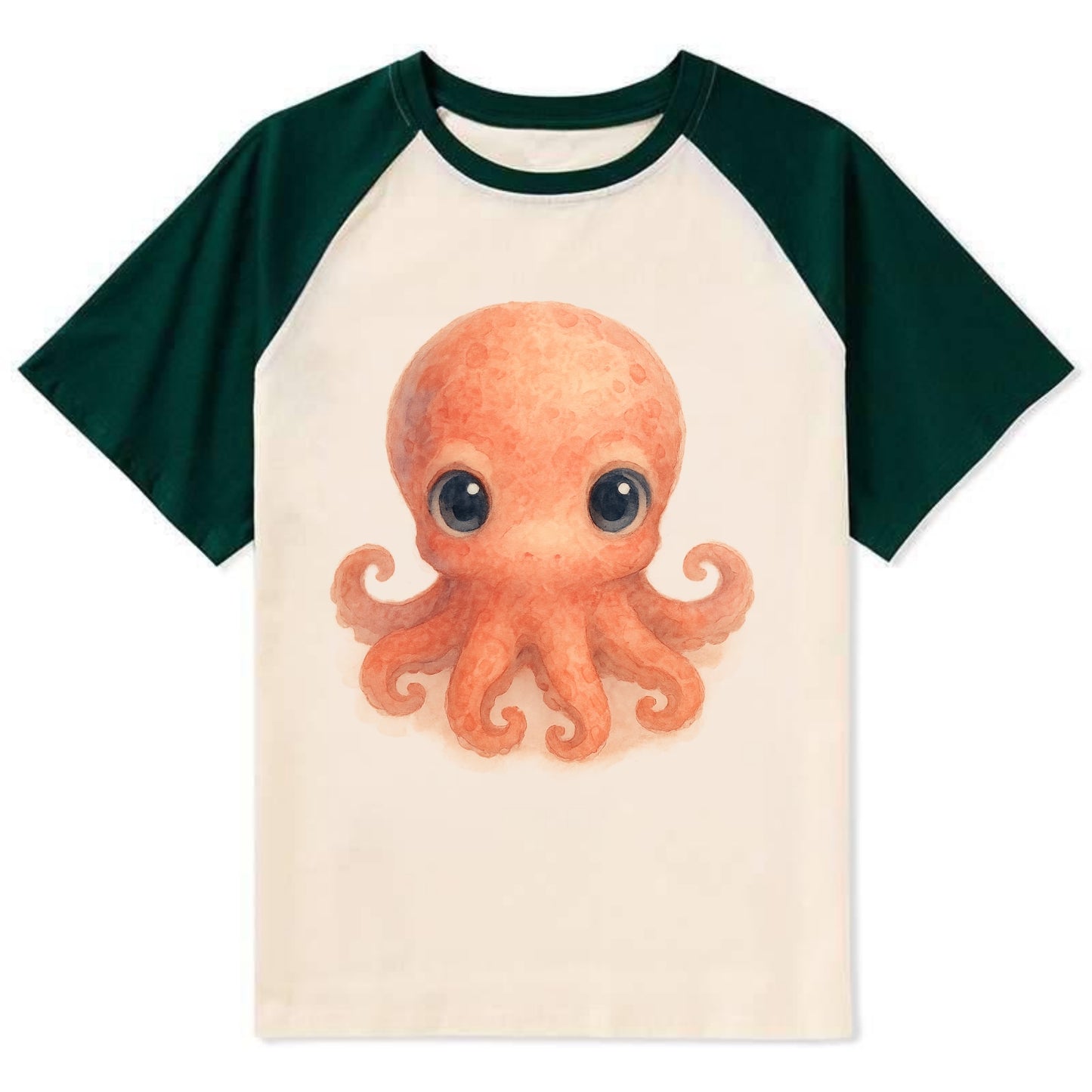 Baby Octopus - red-orange, eight tiny tentacles curled, large intelligent - Contrast Raglan T-shirt - Green