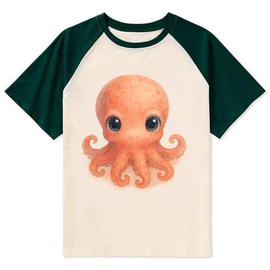 Baby Octopus - red-orange, eight tiny tentacles curled, large intelligent - Contrast Raglan T-shirt - Green