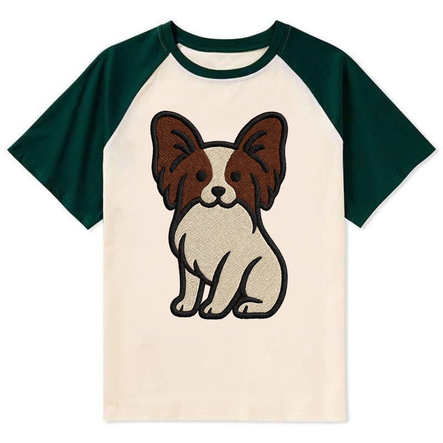 Papillon - White with brown ears sitting Contrast Raglan T-shirt - Green