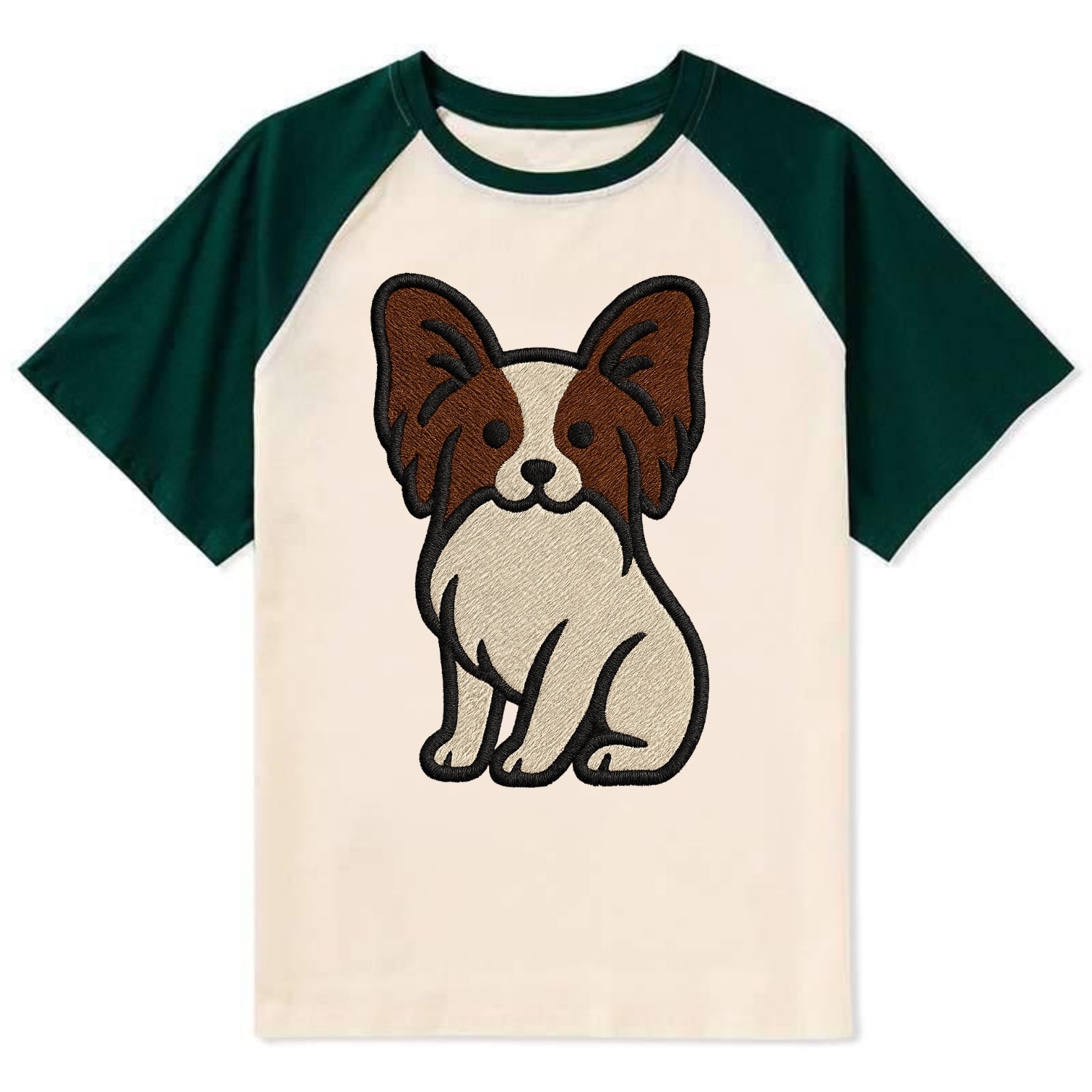 Papillon - White with brown ears sitting Contrast Raglan T-shirt - Green