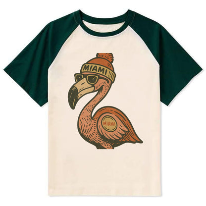 Miami Flamingo wearing Miami beanie with pom pom and wayfarer sunglasses - Contrast Raglan T-shirt - Green