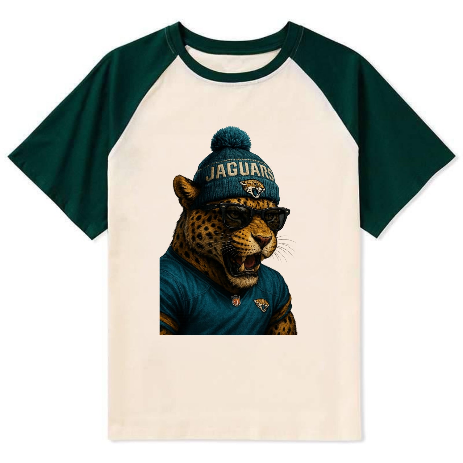 Jacksonville Jaguar wearing Jaguars teal and gold beanie with pom pom and - Contrast Raglan T-shirt - Green