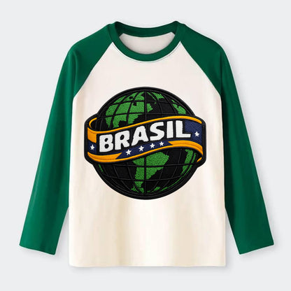 BRAZILIAN FLAG GLOBE - green globe with banner in green yellow blue , - Raglan Long Sleeve T-Shirt - Green